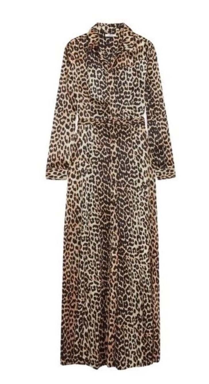 GANNI Leopard Print Stretch Silk Maxi Shirt Dress